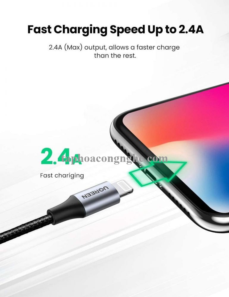 Ugreen 60155 0.5M màu đen cáp MFI USB 2.0 A ra Lightning đầu bọc nhôm mạ nickel chống nhiễu 50cm US291 30060155